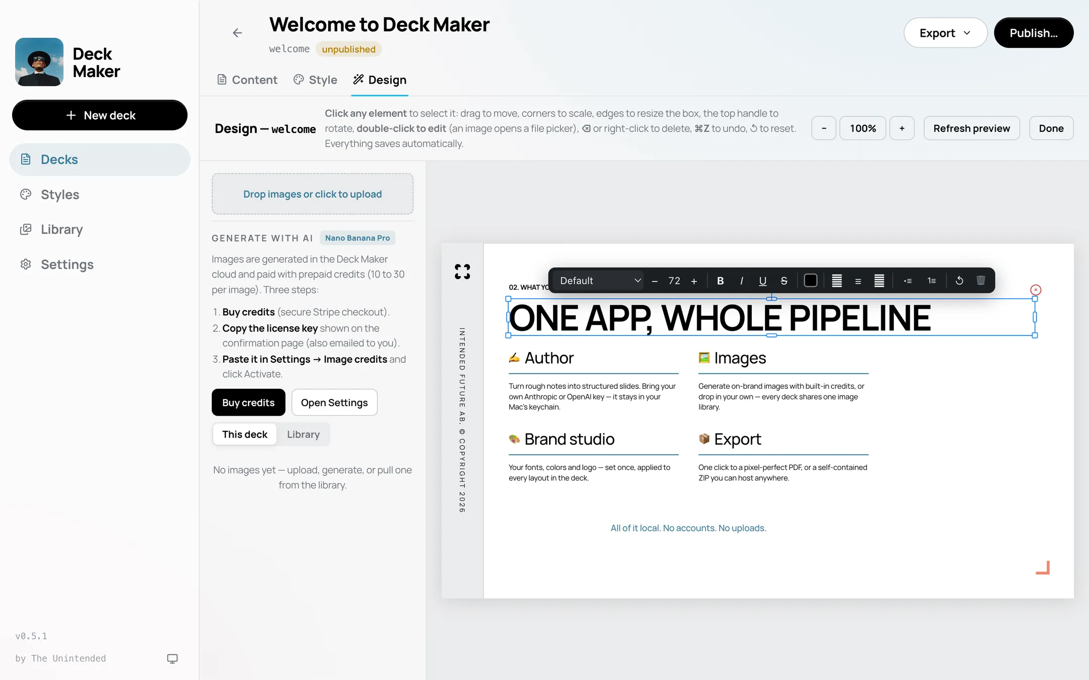 The Deck Maker app: a slide open on the Design canvas with its headline selected, the formatting toolbar above it, and the image panel on the left.